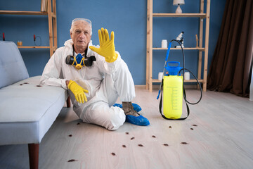 Pest control exterminator elderly man in protective suit sitting on floor near cockroaches showing...