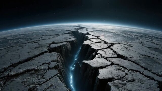 Massive crack earth surface deep fissure rocky terrain planet space dramatic landscape geological fault erosion natural disaster cosmic view night sky horizon rugged ground tectonic plates abyss