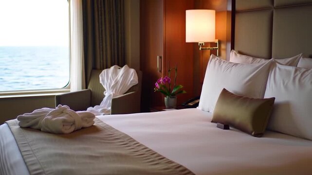 Oceanview stateroom with neatly made bed and plush robes