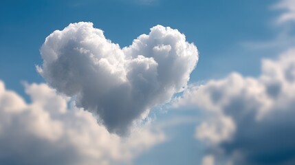 A heart-shaped cloud floats in a blue sky, surrounded by soft white clouds, creating a serene and romantic atmosphere.