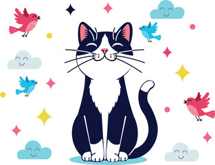 Charming Black and White Cat Illustration with Flying Birds and Smiling Clouds on Transparent Background