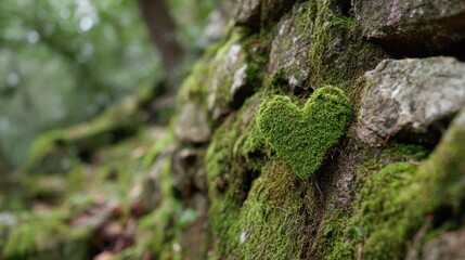 A moss-covered heart shape on a rocky surface, nestled in a lush green forest, showcasing nature's artistry and tranquility.
