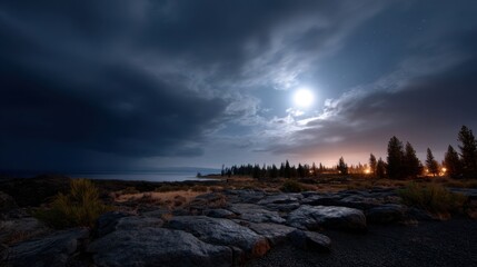 A serene night landscape showcasing a full moon illuminating rocky terrain and silhouetted trees under a dramatic sky.