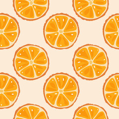 Vector seamless pattern of orange slices on beige background, good for design, cards, posters, packaging.
