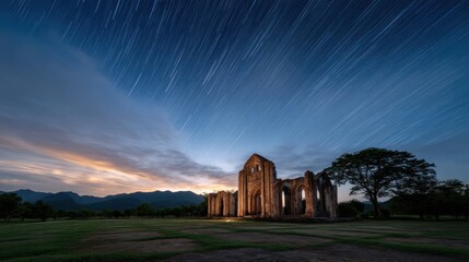 A stunning night sky captures star trails over ancient ruins, framed by mountains and trees, showcasing the beauty of nature and history.
