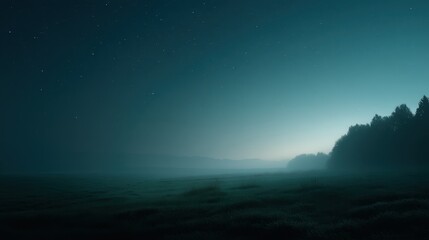 A tranquil night scene depicting a misty landscape under a star-filled sky with silhouettes of trees in the background.