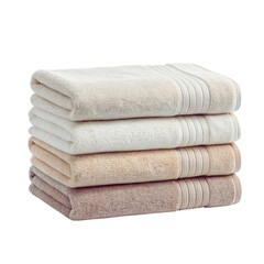 Neatly stacked folded bath towels in assorted soft pastel colors for bathroom or spa use isolated on transparent background