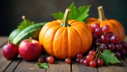 Harvest Bounty Vegetables and Fruits A still life arrangement of fresh, colorful harvest vegetables and fruits on a weathered wooden surface. Include pumpkins, gourds, ears of corn, red apples,