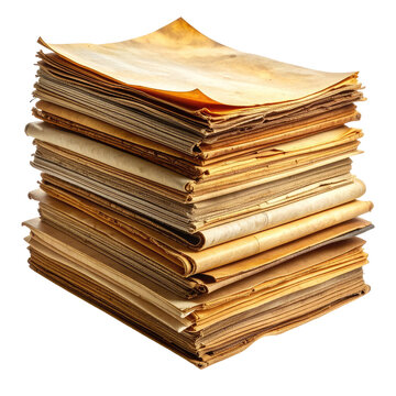 Pile of antique paper sheets, aged & weathered, stacked together