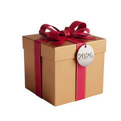 Gold gift box with red ribbon and 2020 tag isolated on transparent background