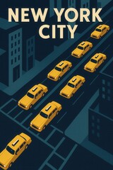 Overhead illustration of multiple classic yellow taxis in traffic moving through a gridded street layout among buildings in New York City’s urban landscape