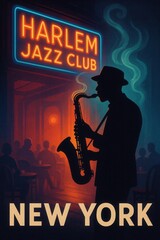 Silhouetted saxophone player performs outside a smoky Harlem jazz club in New York City with glowing neon signage and seated audience in the background