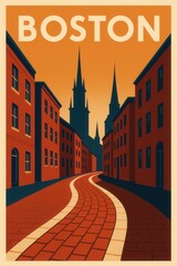 A red brick road winds through historic Boston buildings leading toward distant silhouetted church spires under a warm sunset sky in the North End