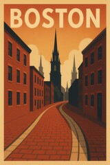 A brick-paved section of the Freedom Trail curves through Boston’s historic district framed by colonial buildings and silhouetted church steeples at dusk
