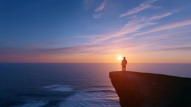 Silhouette of person standing on cliff overlooking ocean at sunset with vibrant sky