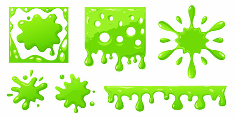 Collection of bright green slime splatters and drips with playful bubbly textures © Bijon