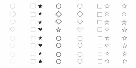 Collection of geometric shapes and icons including circles squares stars diamonds and hearts in various styles and shades