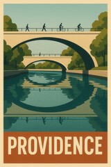 Illustrated view of several pedestrian and bicycle bridges crossing a calm river in Providence surrounded by lush green trees and clear reflections in the water