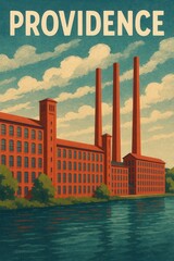 Red brick industrial building with tall smokestacks sits along a peaceful riverside in Providence under a sky filled with scattered clouds and surrounded by greenery