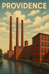 Classic industrial red brick mill buildings with tall smokestacks line the calm canal waters of Providence under a clear blue sky with scattered clouds in the background