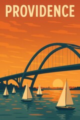Arched steel bridge spans across the reflective water in Providence as white sailboats glide below during a vivid orange sunset with scattered clouds and silhouettes