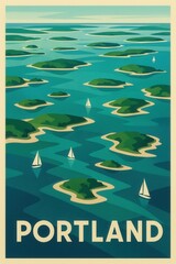 A wide view of numerous small green islands with sandy shores scattered across the blue ocean waters near Portland under a soft clear sky