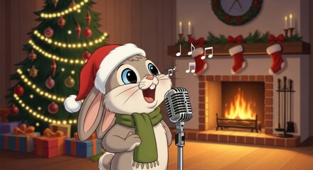 Christmas cheer with a singing bunny cartoon celebrating the festive season at home in joyful