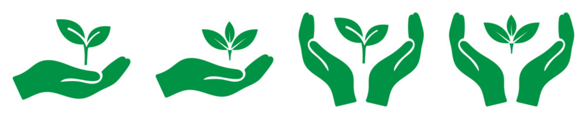 Set of eco friendly hand and plant icons symbolizing growth, care, and sustainability. Green leaf sprout in hand concept for environment, nature protection, and organic growth vector design.