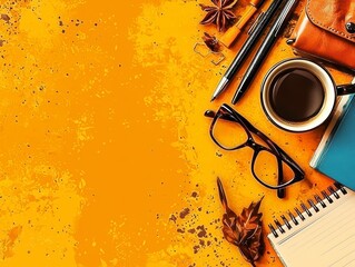 Autumnal Workspace Flatlay with Coffee and Stationery.