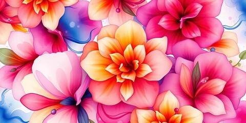 Fototapeta premium Fluid, blended watercolor blooms in vibrant hues forming a continuous, seamless design, illustration, botany