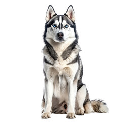 Obraz premium Majestic Husky sits gracefully, front view, blue eyes, black background