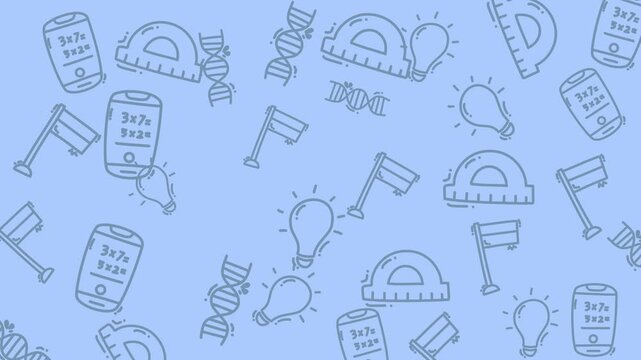 Seamless Pattern of Science and Math Tools Illustrations on Blue Background, Educational Graphic Design, Flat Lay View