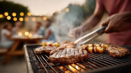 Premium Backyard Barbecue with Grilled Steaks and Skewers in Warm Summer Evening Light for Modern Social Dining and Marketing Content