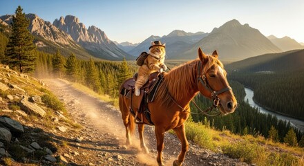 Whimsical feline cowboy adventure in majestic mountains with a stunning horse companion