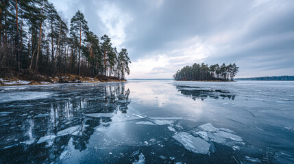Frozen lake with cracked ice reflection pine forest shore island silhouette overcast sky winter landscape cold atmosphere