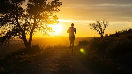 Man running on a dirt path during a golden sunset in the hills - Powered by Adobe