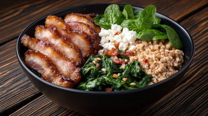 Gourmet Grain Bowl with Duck Breast, Spinach, and Feta: Healthy and Delicious Meal on Dark Wooden Table