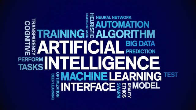 Artificial intelligence animated word cloud-text design animation tag kinetic typography seamless loop.