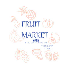 Minimalist line art vector of a fresh fruit market, featuring simple outlines of various healthy produce. Excellent for business branding, market logos, and clean food banners.