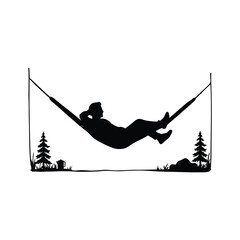 vector silhouette of a person on a camping hammock with a white background