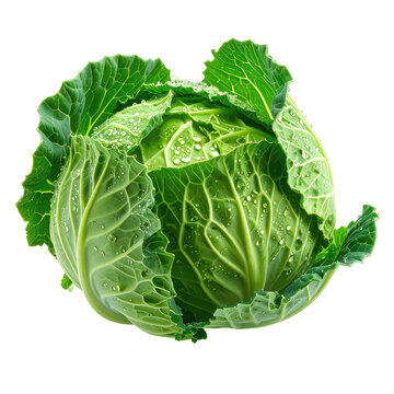 Fresh, vibrant green cabbage head with water droplets. Isolated on black