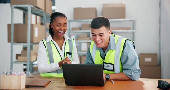 High five, laptop and shipping with people in warehouse for logistics deal, delivery confirmation and profit. Success, ecommerce increase and computer with man and woman in factory for partnership
