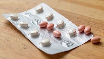 Prescription medication blister pack with white and pink pills on table