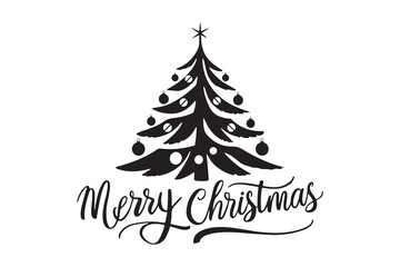 Obraz premium christmas tree silhouette with ornaments and merry christmas text for festive greeting card and seasonal holiday design