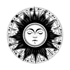 Black and white solar face with a circular pattern of lunar phases. Vector engraving on a white background. Vector illustration featuring astronomy, astrology, and celestial phenomena.