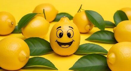 Lemon with a smiley face surrounded by other lemons and leaves.