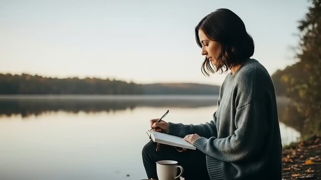 Woman writing in a journal by a serene lake at sunrise, capturing thoughts and reflections in natures tranquility.