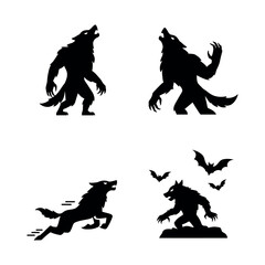Set of werewolf Halloween icons in modern flat silhouette style