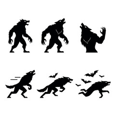 Set of werewolf Halloween icons in modern flat silhouette style