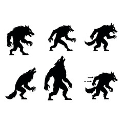 Set of werewolf Halloween icons in modern flat silhouette style